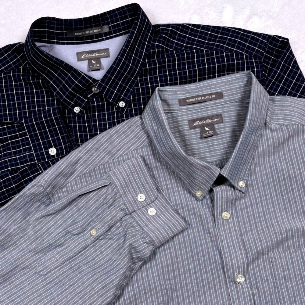 LOT OF 2 Eddie Bauer Button Down Shirt Men 2XL TALL Navy Gray NO WRINKLE Relaxed